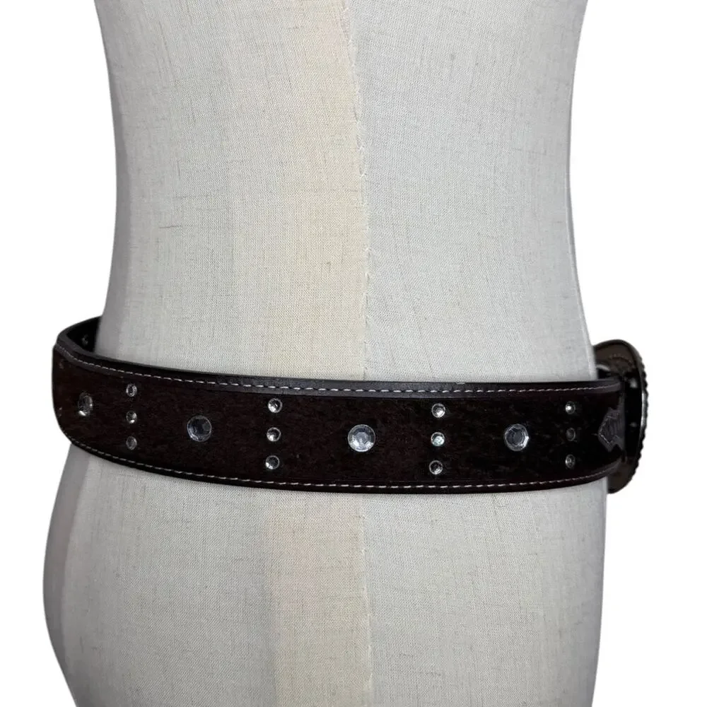 Western Jeweled Rhinestone Basketweave Leather Chunky Brown Belt Size Medium
